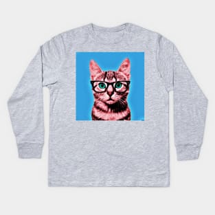 Pop Art Geek Cat in Bkue Background - Print / Home Decor / Wall Art / Poster / Gift / Birthday / Cat Lover Gift / Animal print Canvas Print Kids Long Sleeve T-Shirt